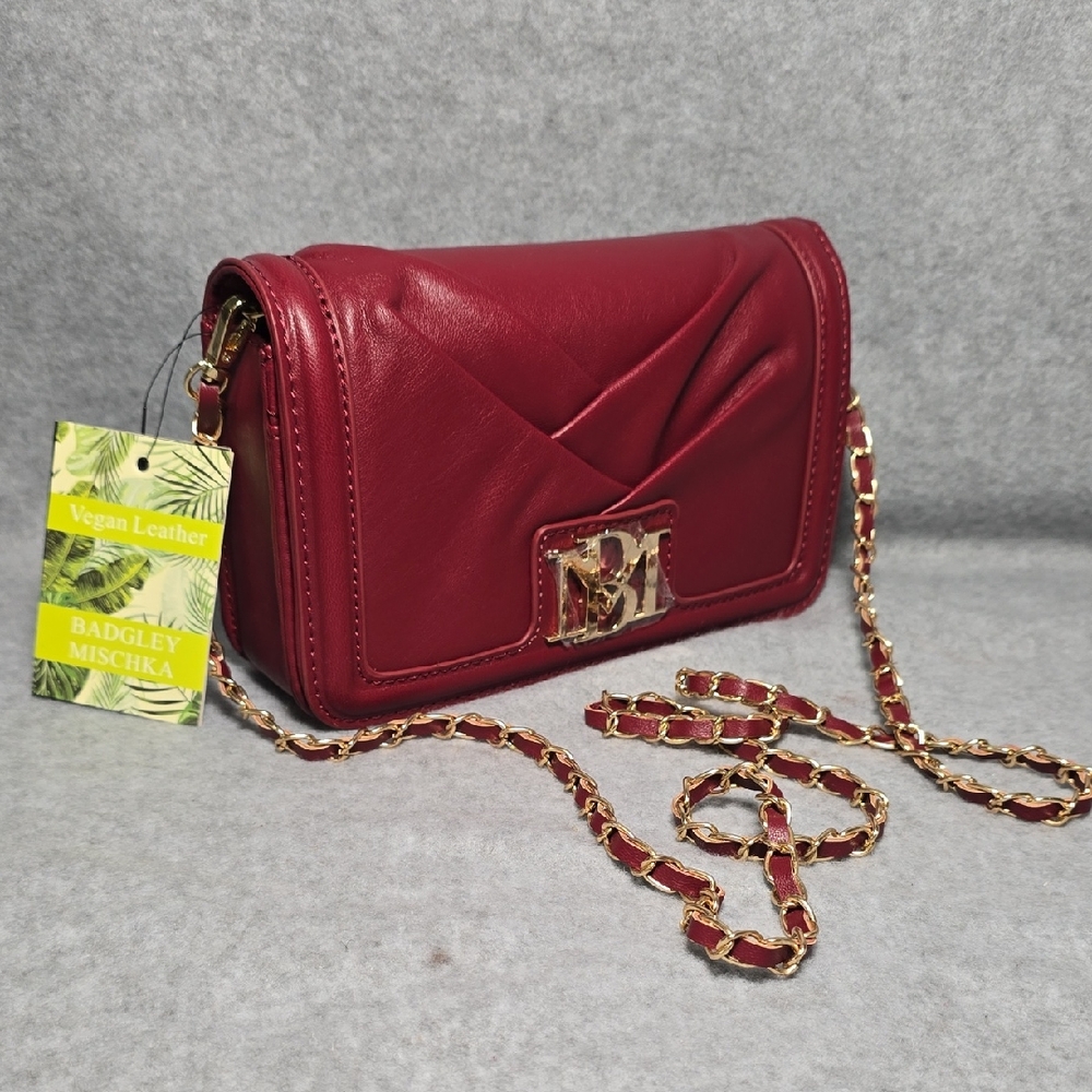 Badgley Mischka Smal Pleated Red Wine Crossbody/Clutch Bag with Gold Accents